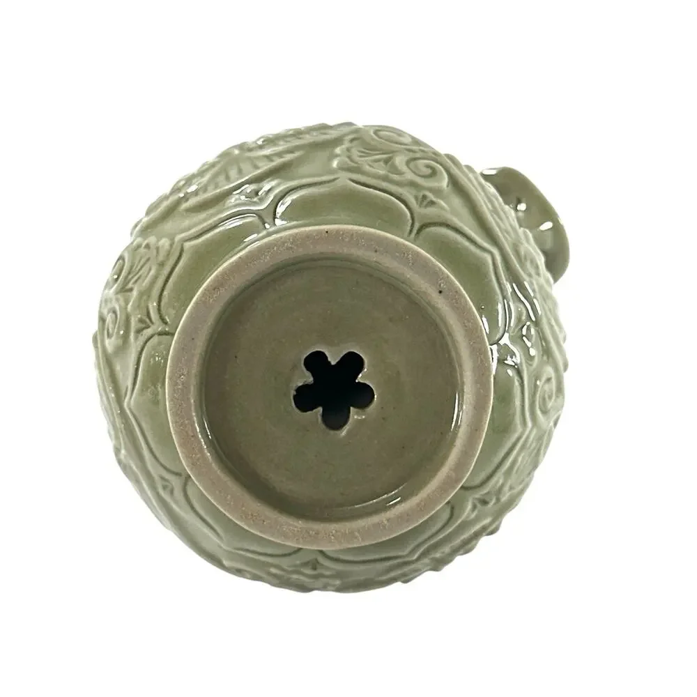 Vintage Chinese Celadon Bottom Filling Teapot Foo Dog Lotus Puzzle Pot 4”